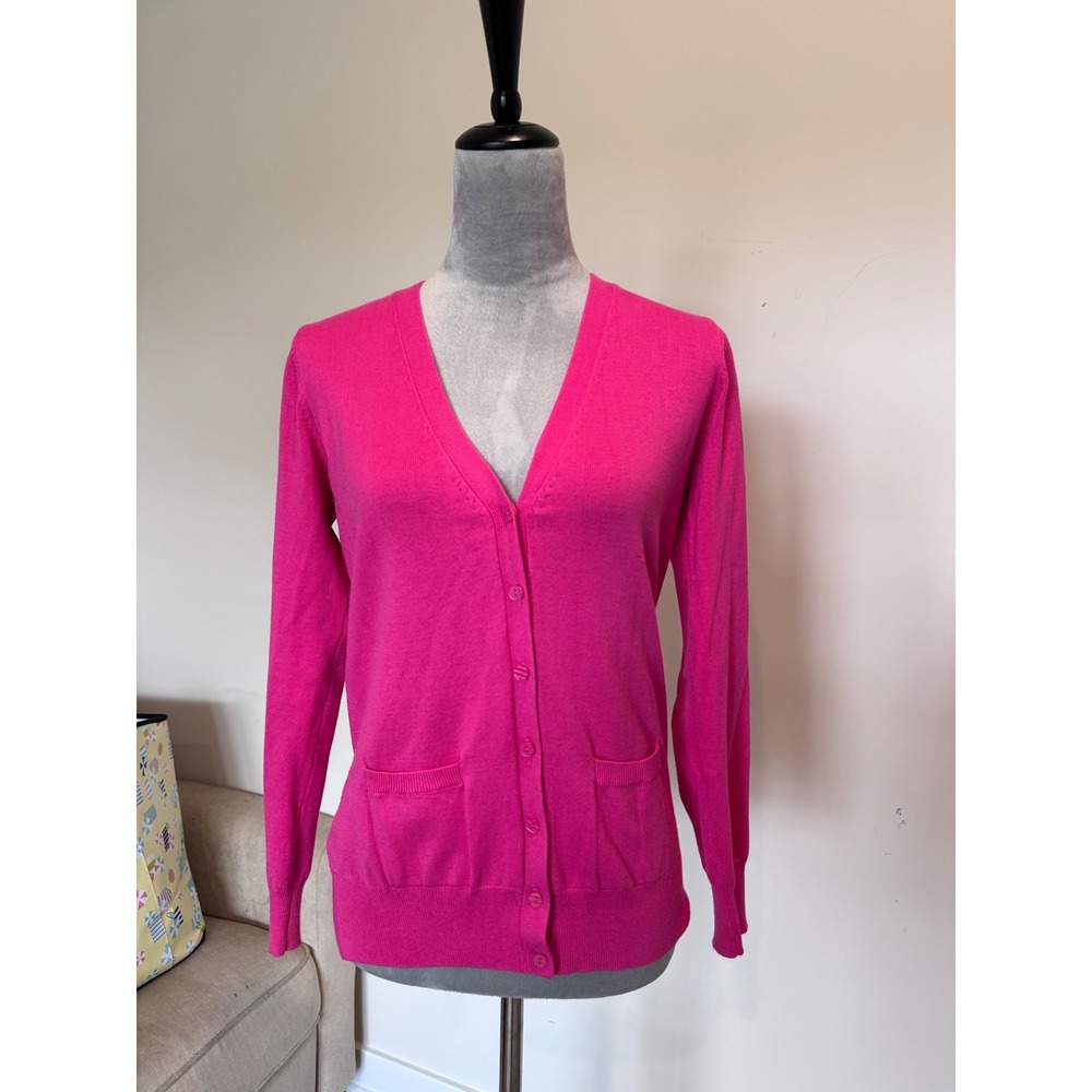 Isaac Mizrahi Live Womens Hot Pink V-Neck Button Front Cardigan Sweater Small